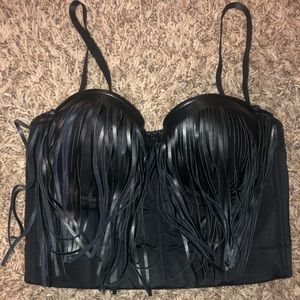 Open-Cup Leather-Look Bustier with Metal Bit & Zipper Front